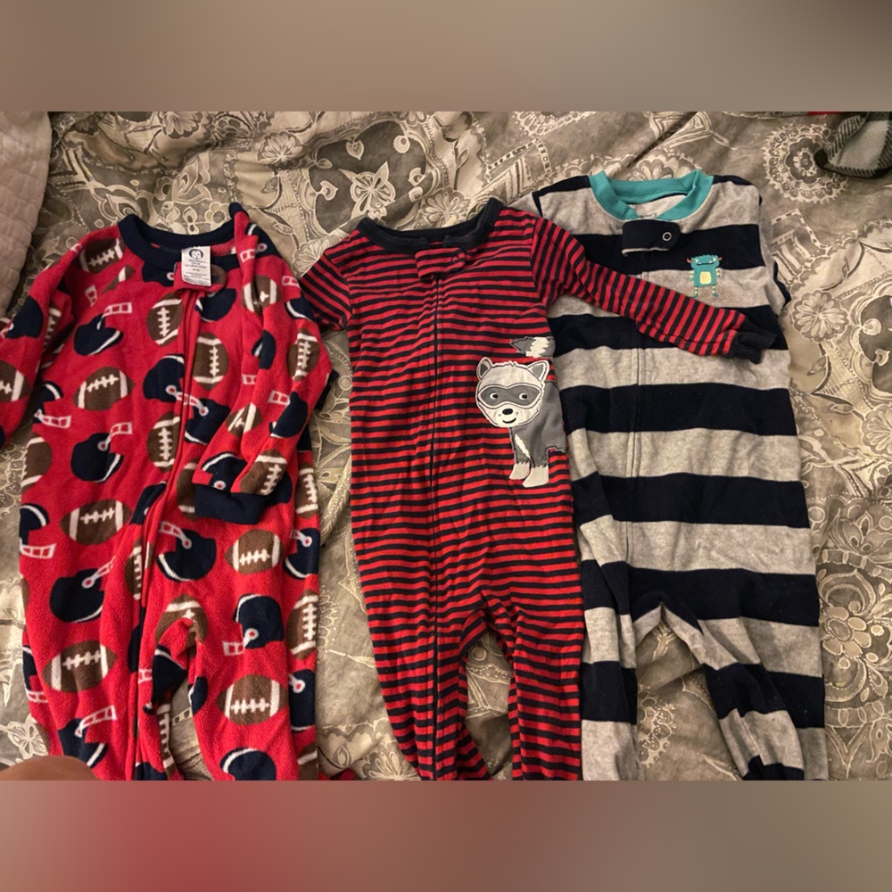 Bundle of 3 footed sleepers Carter's Red and Black Striped Footie with Raccoon